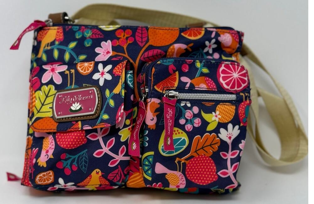 Lily Bloom Purple Floral ad Fruit Print Nylon Crossbody Bag Multiple Pockets